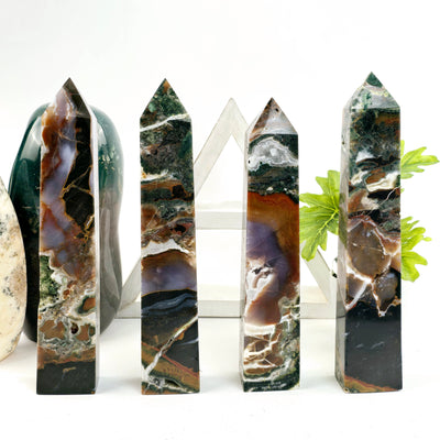 Ocean Jasper Polished Crystal Tower - You Choose #4 all variants in a row on a white background with props and plants