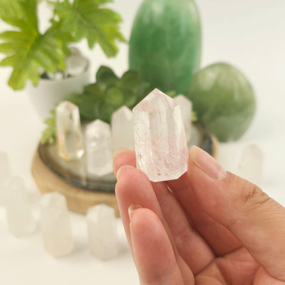 Crystal Quartz Small Obelisk Point one in hand for size reference with others in the background with props and plants