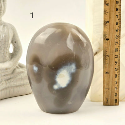 Orca Agate Polished Freeform Cut Base - You Choose variant 1 labeled with ruler for size reference next to Buddha statue