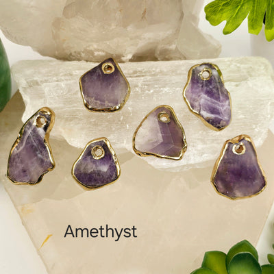 Crystal Freeform Slice Pendant with 24k Gold Electroplated Edges Top Front Drilled - You Choose Stone - amethyst variant labeled on stone platters with props and plants in the background