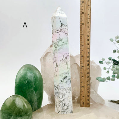 White Howlite Angel Aura Crystal Obelisk - You Choose variant A labeled with ruler for size reference