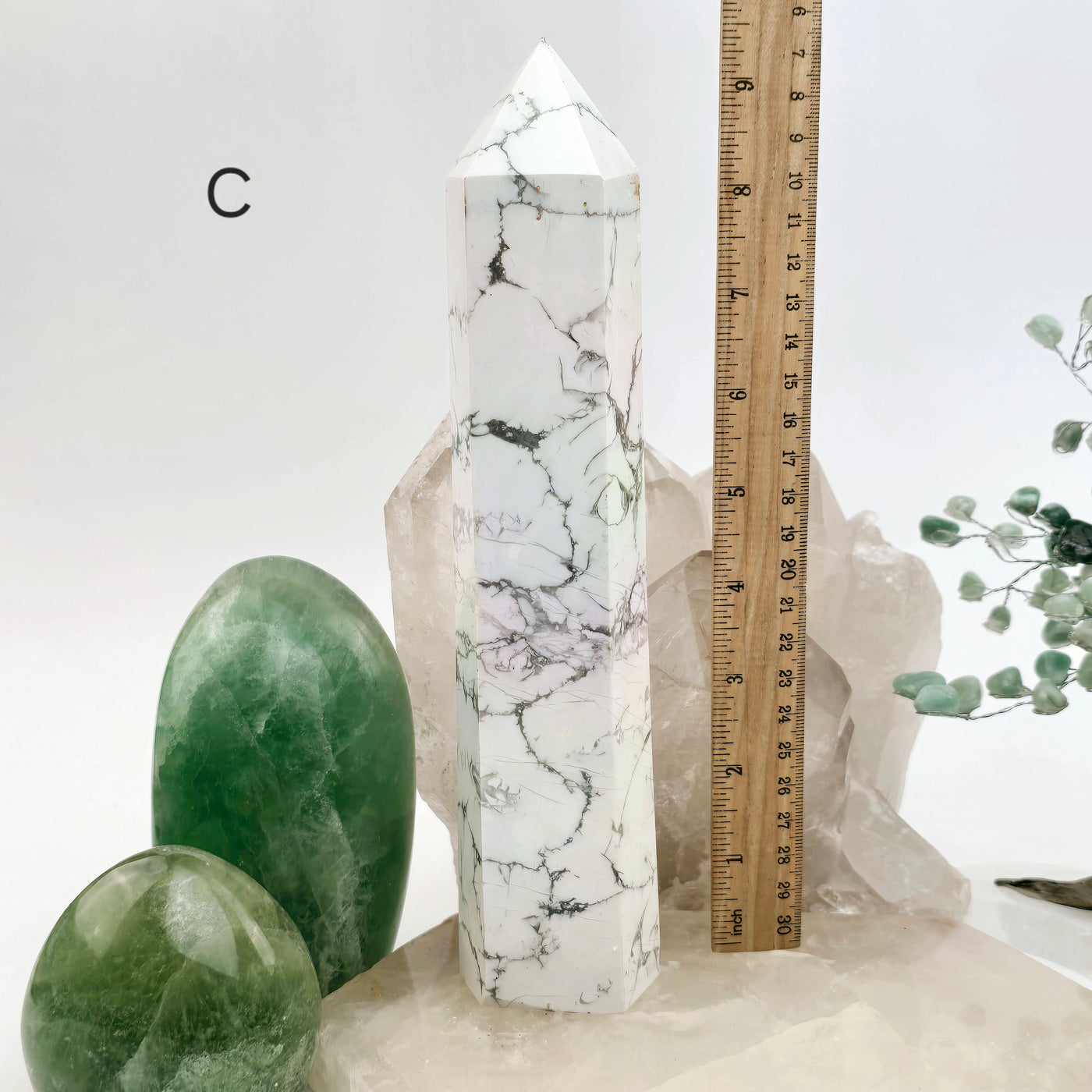 White Howlite Angel Aura Crystal Obelisk - You Choose variant c labeled with ruler for size reference