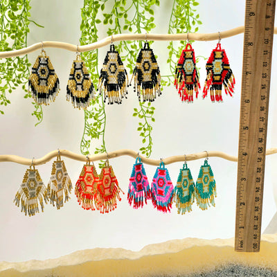 Seed Bead Earrings - Hexagon and Fringe Pattern - You Choose Style all variants with ruler for size reference