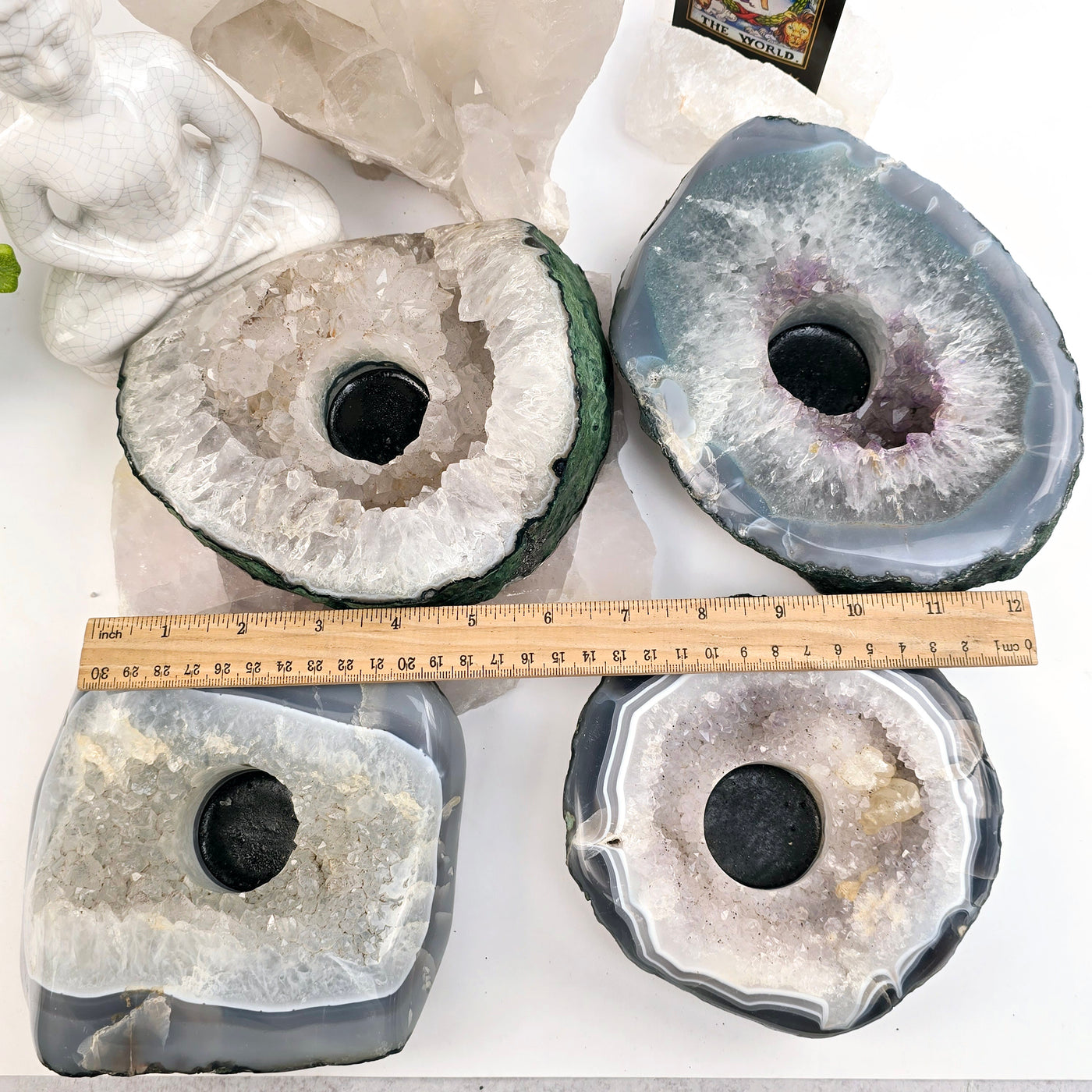 Crystal Geode Semi Polished Candle Holder - You Choose all variants top view with ruler for size reference