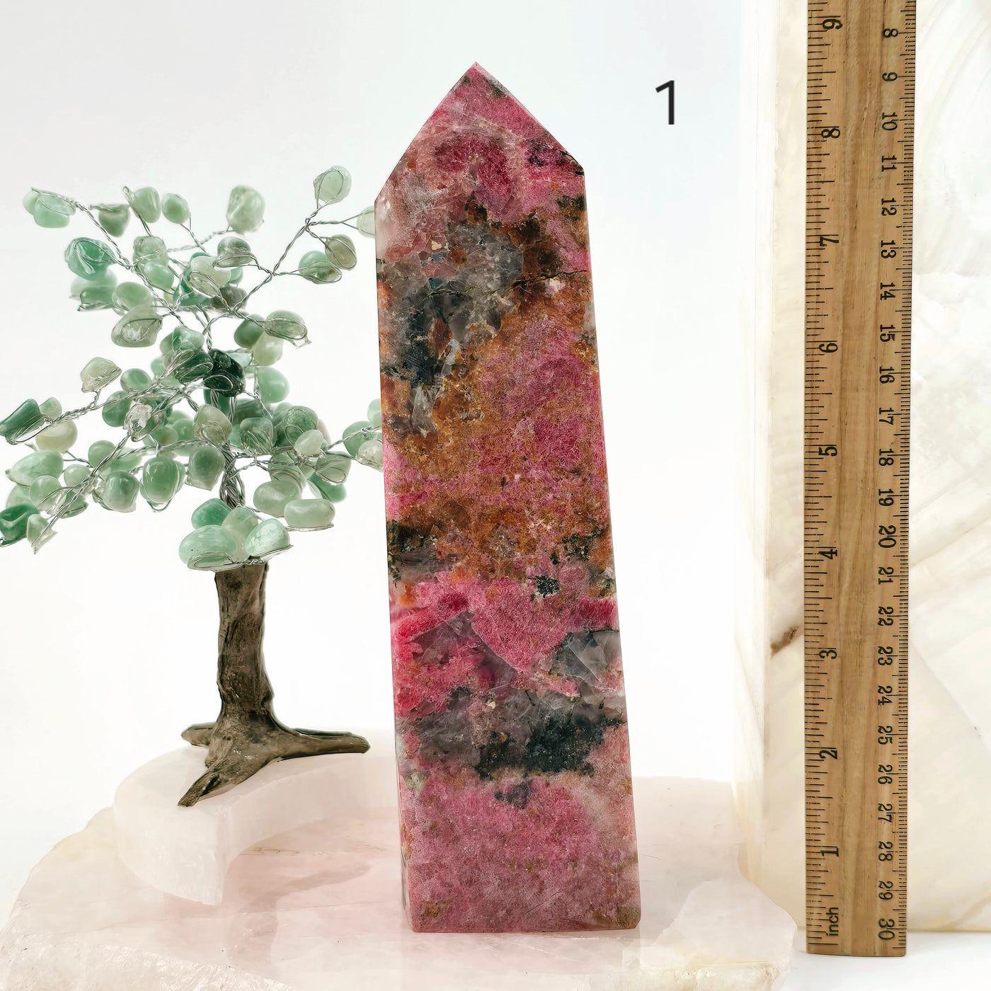 Rhodonite Polished Crystal Tower - You Choose #2 variant 1 labeled with ruler for size reference