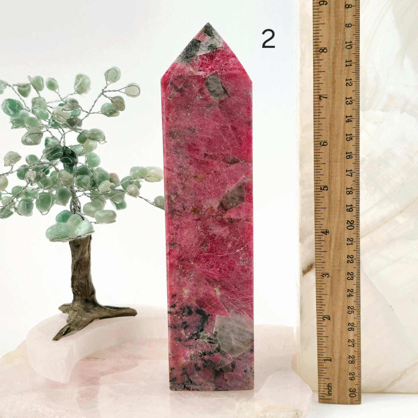 Rhodonite Polished Crystal Tower - You Choose #2 variant 2 labeled with ruler for size reference