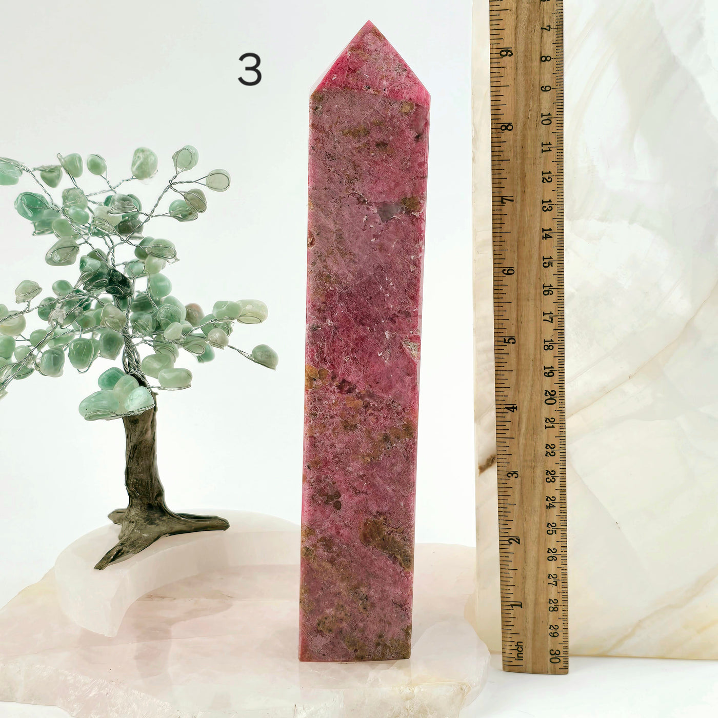 Rhodonite Polished Crystal Tower - You Choose #2 variant 3 labeled with ruler for size reference