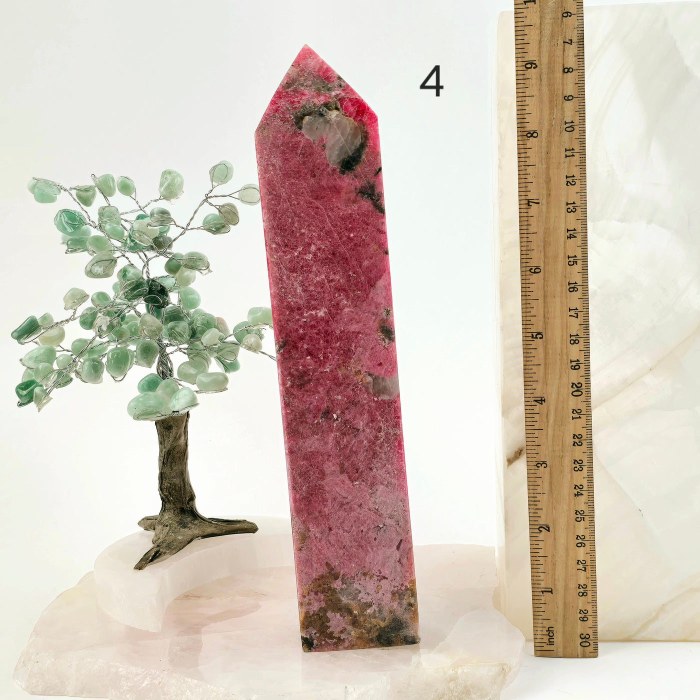 Rhodonite Polished Crystal Tower - You Choose #2 variant 4 labeled with ruler for size reference