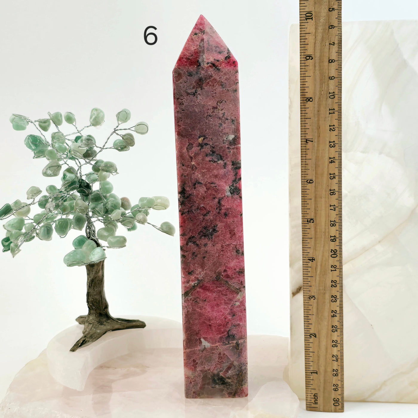 Rhodonite Polished Crystal Tower - You Choose #2 variant 6 labeled with ruler for size reference