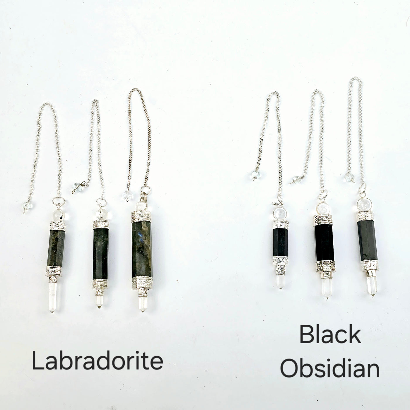 labradorite and black obsidian variants labeled