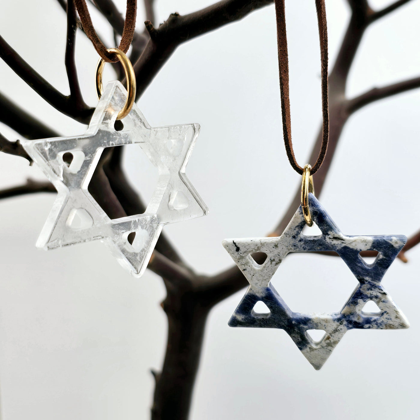 Crystal Star of David Ornament - You Choose Stone one crystal quartz one sodalite hanging from tree