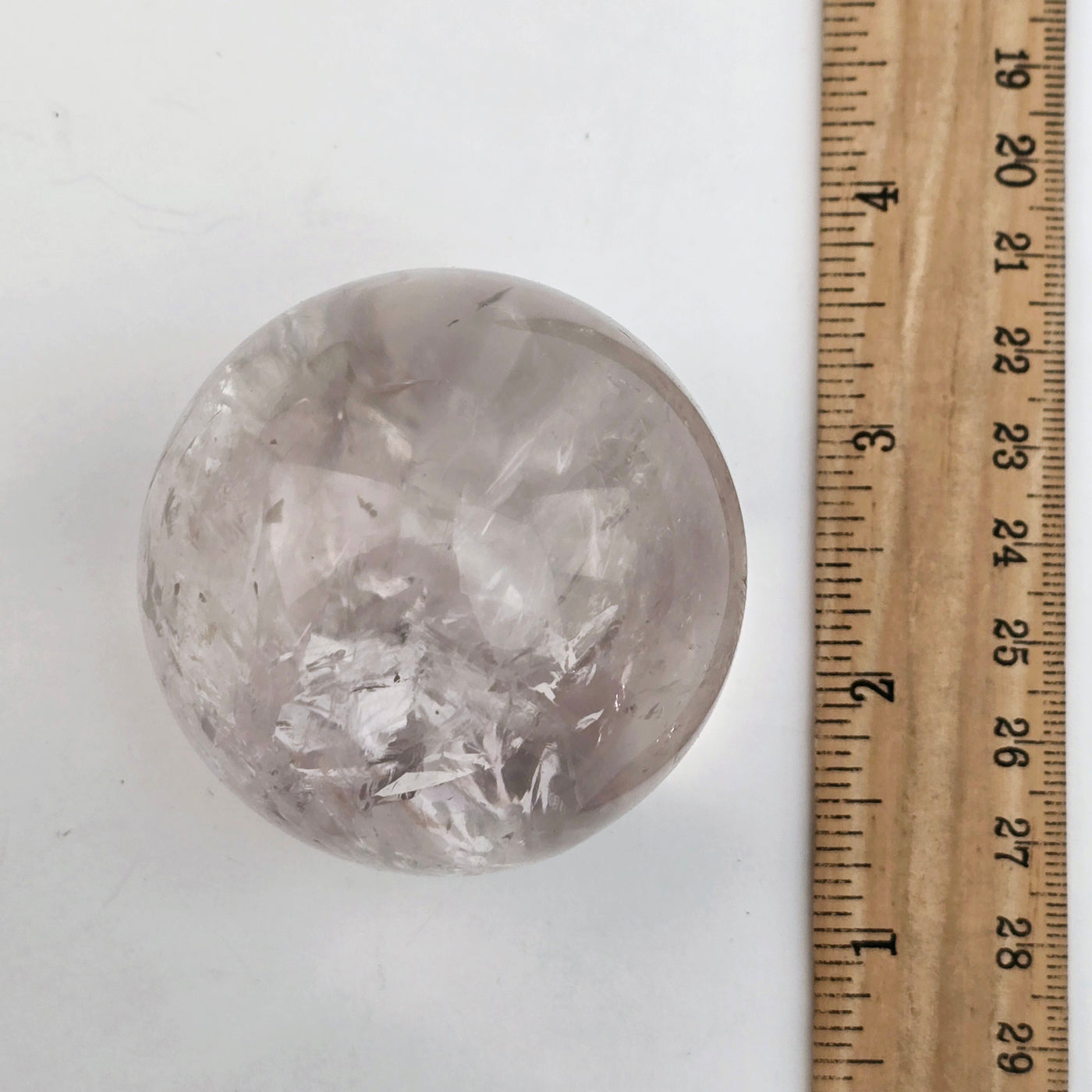 Rose de France Amethyst Crystal Sphere - One of a Kind next to ruler for sizer reference