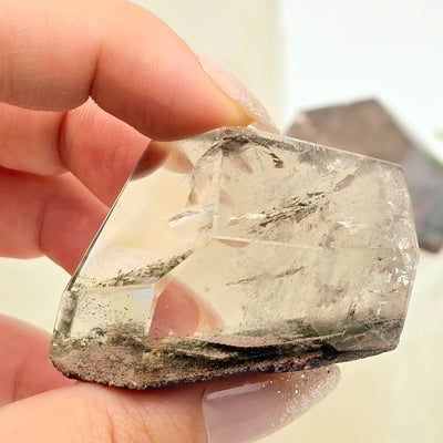 Garden Quartz Lodalite Polished Freeform Crystal - YOU CHOOSE variant one in hand for size reference with closeup for detail