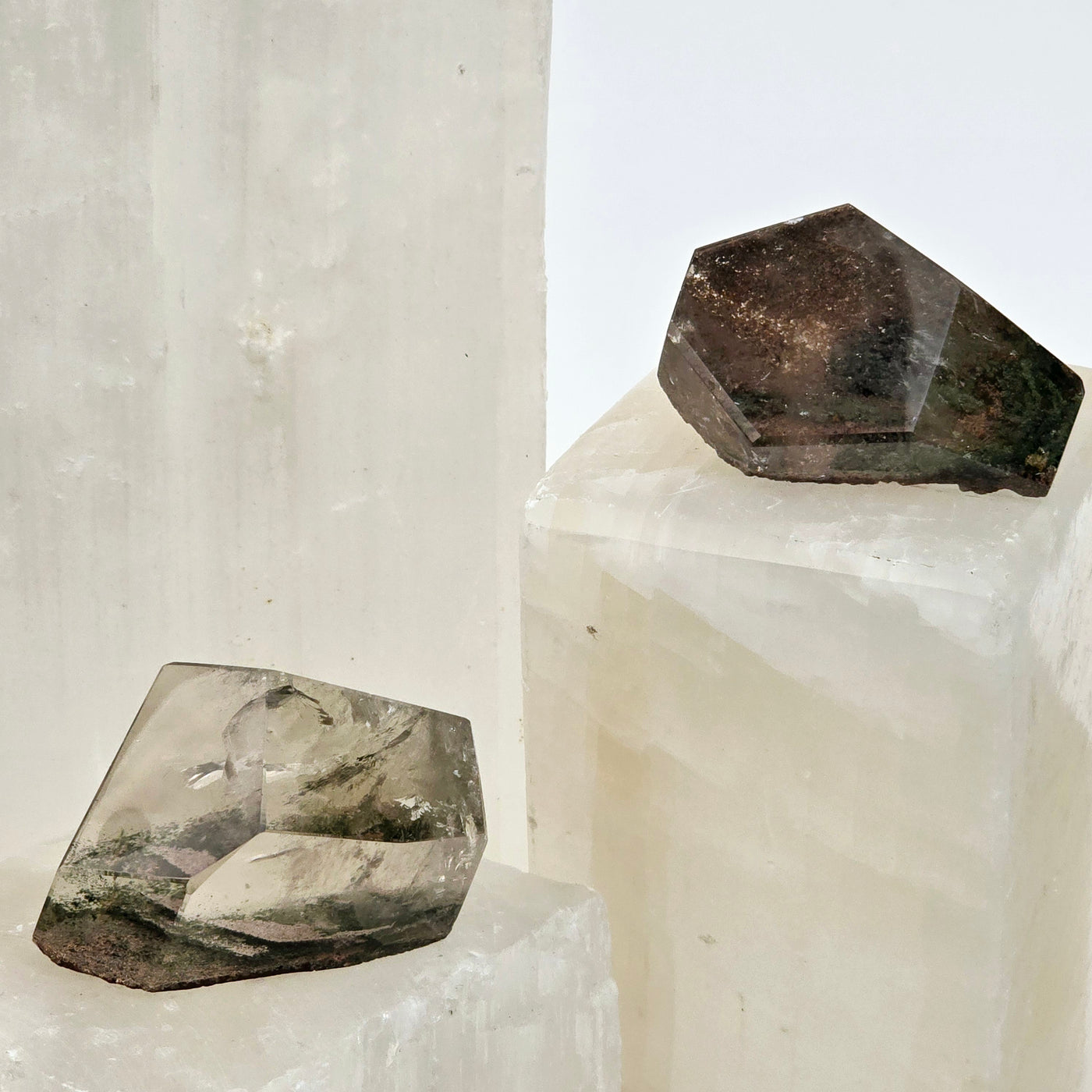 Garden Quartz Lodalite Polished Freeform Crystal - YOU CHOOSE both variants on white platforms