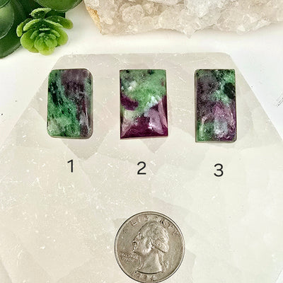 Ruby Zoisite - Anyolite - Crystal Rectangle Cabochon - You Choose top view variants 1, 2 and 3 labeled with quarter for size reference