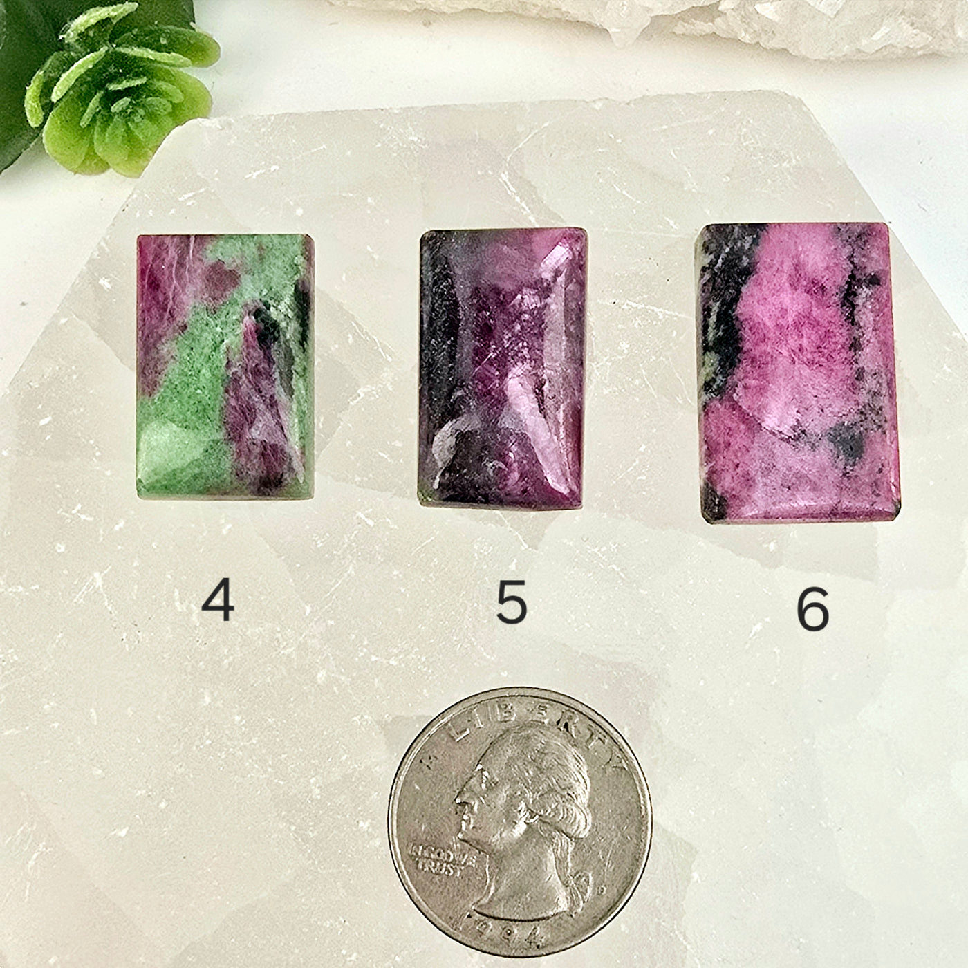 Ruby Zoisite - Anyolite - Crystal Rectangle Cabochon - You Choose top view variants 4, 5 and 6 labeled with quarter for size reference