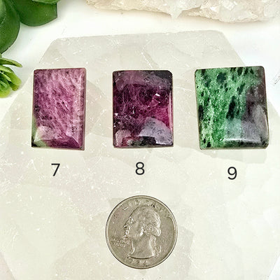 Ruby Zoisite - Anyolite - Crystal Rectangle Cabochon - You Choose top view variants 7, 8 and 9 labeled with quarter for size reference