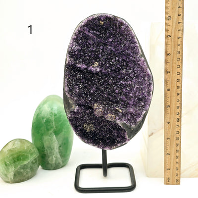 Black Amethyst Druzy Crystal Cluster on Metal Stand - You Choose variant 1 labeled with ruler for size reference