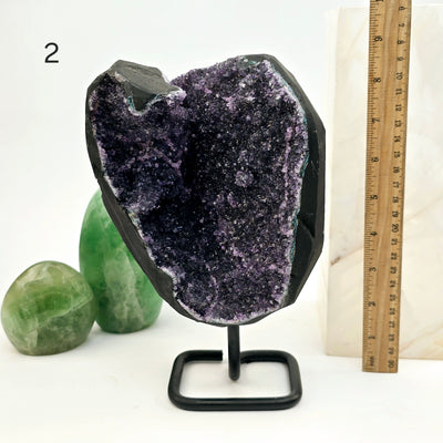 Black Amethyst Druzy Crystal Cluster on Metal Stand - You Choose variant 2 labeled with ruler for size reference