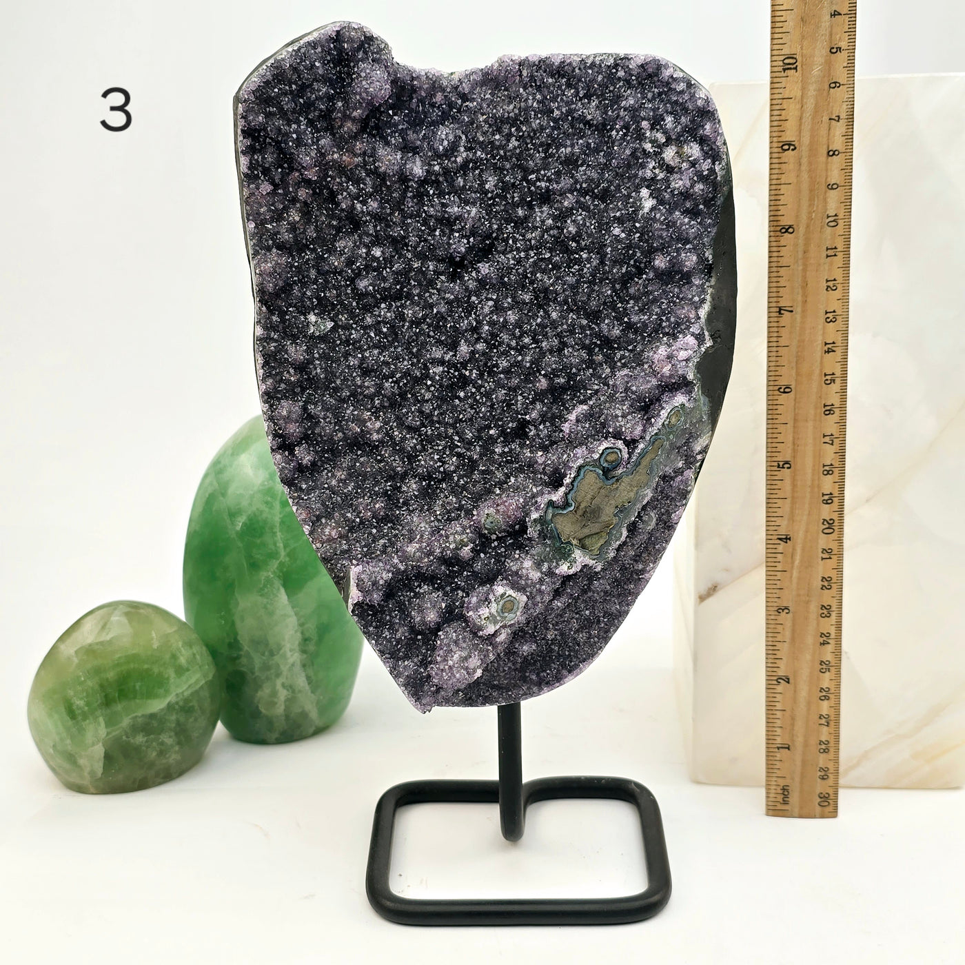 Black Amethyst Druzy Crystal Cluster on Metal Stand - You Choose variant 3 labeled with ruler for size reference