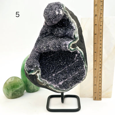 Black Amethyst Druzy Crystal Cluster on Metal Stand - You Choose variant 5 labeled with ruler for size reference