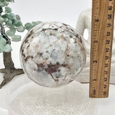 Pink Tourmaline on Aquamarine Crystal Sphere - One-of-a-Kind with ruler for size reference