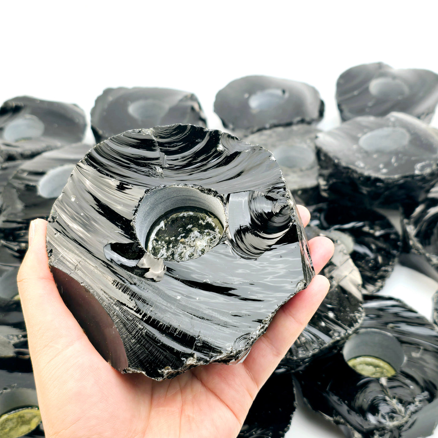 Black Obsidian Candle Holder - Pack of 20 Crystal Candle Holders - Wholesale Bulk Deal one in hand for size reference with others in background