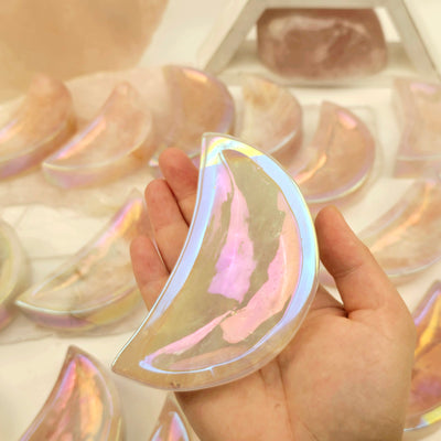 Angel Aura Rose Quartz Moon Bowls - You Choose #1 one in hand for size reference with others in the background with props