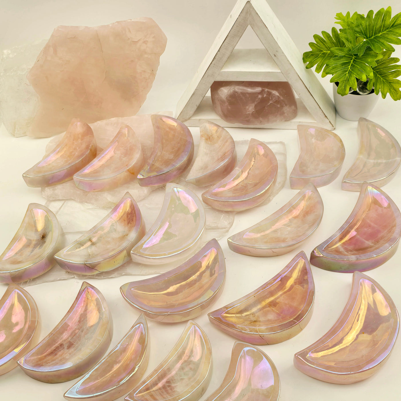 Angel Aura Rose Quartz Moon Bowls - You Choose #1 all variants with props and plants in the background