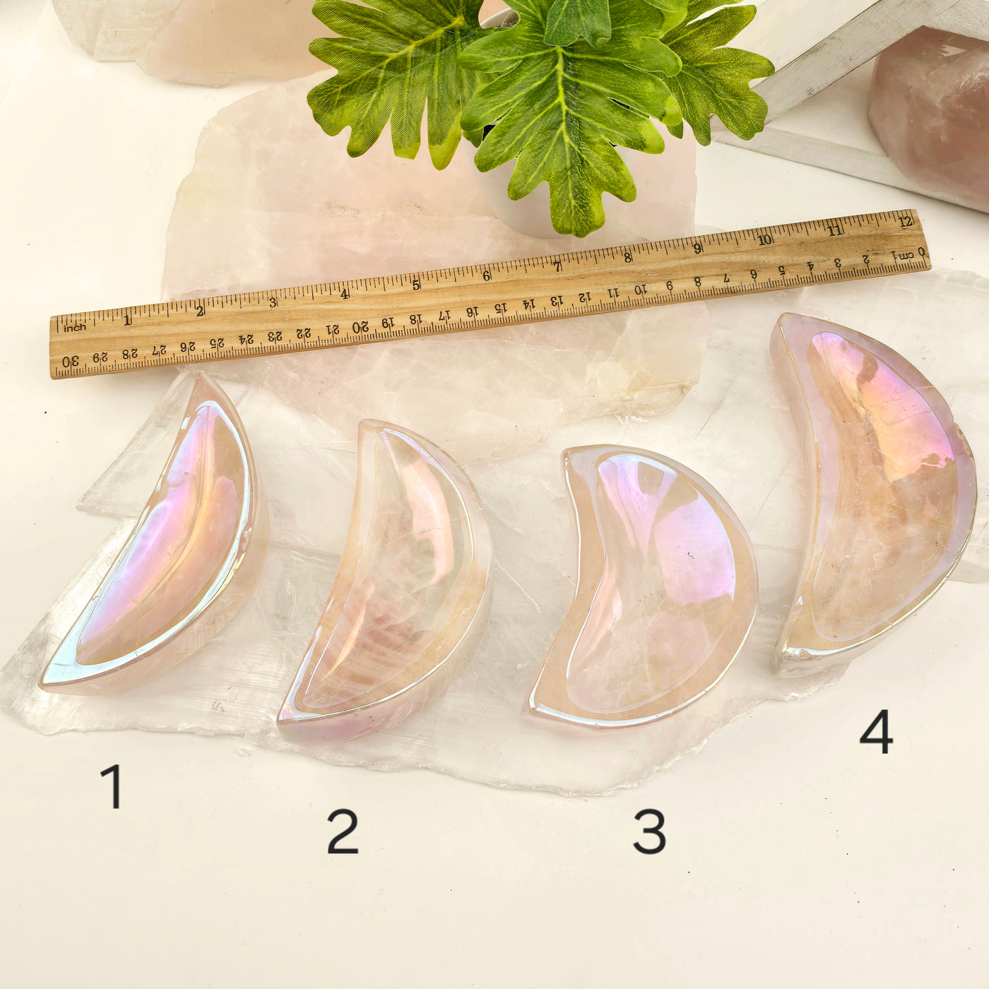 Angel Aura Rose Quartz Moon Bowls - You Choose #1 variants 1, 2, 3, and 4 labeled with ruler for size reference