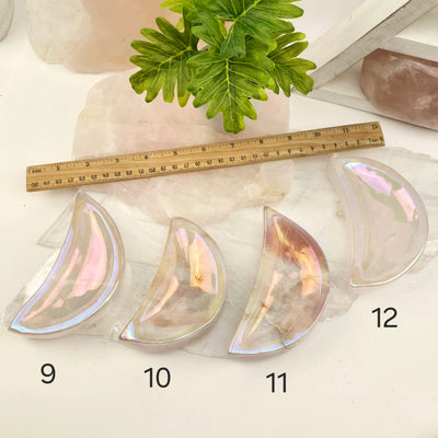 Angel Aura Rose Quartz Moon Bowls - You Choose #1 variants 9, 10, 11, and 12 labeled with ruler for size reference