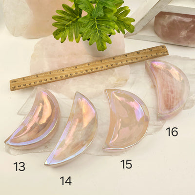 Angel Aura Rose Quartz Moon Bowls - You Choose #1 variants 13, 14, 15, and 16 labeled with ruler for size reference