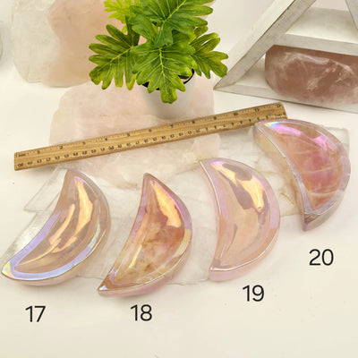 Angel Aura Rose Quartz Moon Bowls - You Choose #1 variants 17, 18, 19, and 20 labeled with ruler for size reference