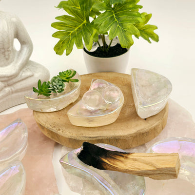 Angel Aura Crystal Quartz Moon Bowls - You Choose #1 examples of bowls being used for holding plants, spheres, and palo santo