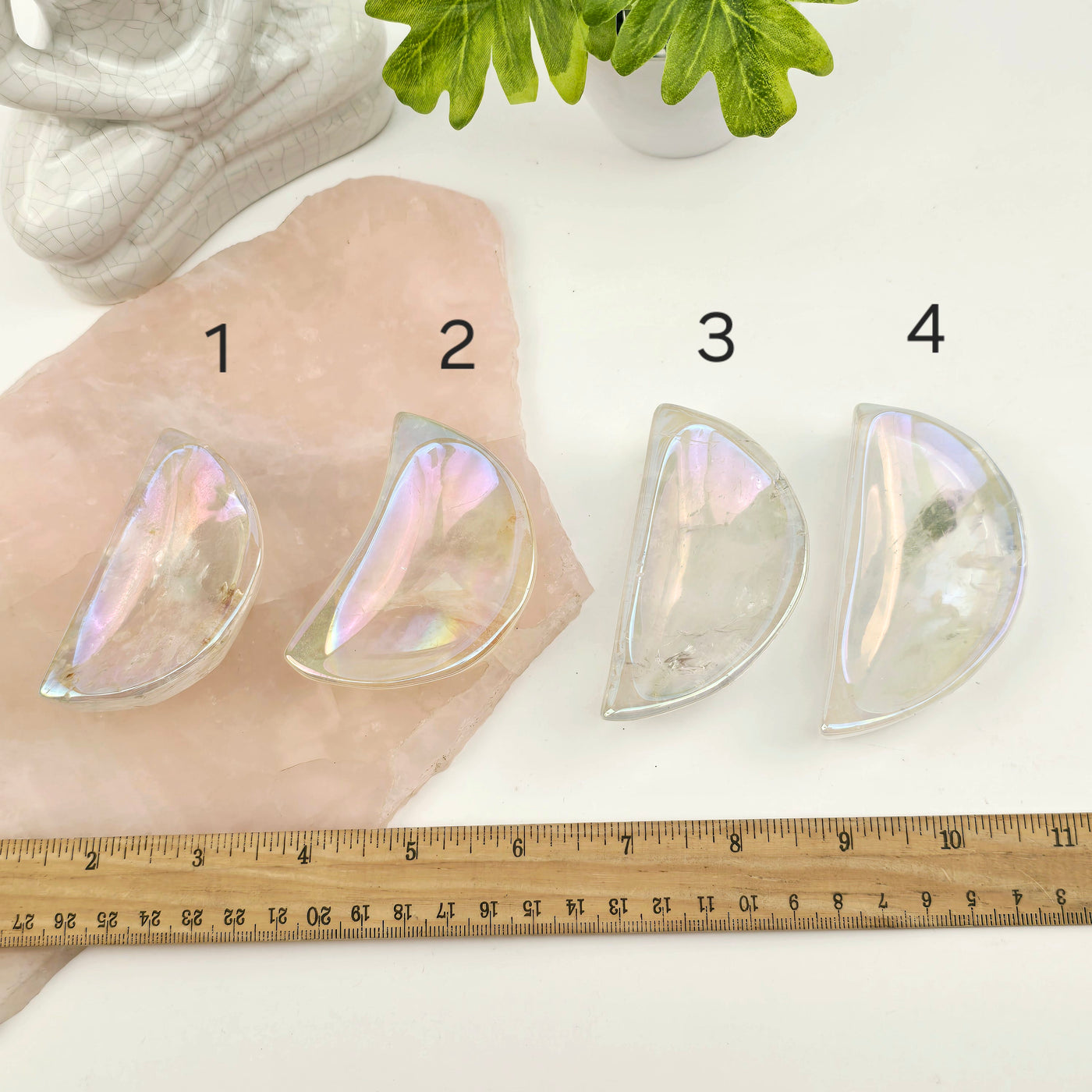 Angel Aura Crystal Quartz Moon Bowls - You Choose #1 variants 1, 2, 3, and 4 labeled with ruler for size reference