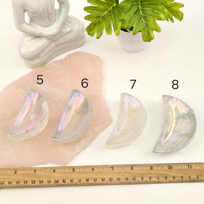 Angel Aura Crystal Quartz Moon Bowls - You Choose #1 variants 5, 6, 7, and 8 labeled with ruler for size reference