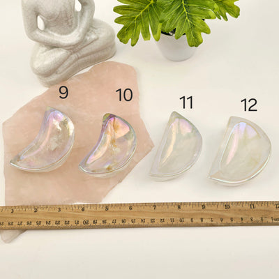 Angel Aura Crystal Quartz Moon Bowls - You Choose #1 variants 9, 10, 11, and 12 labeled with ruler for size reference