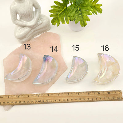 Angel Aura Crystal Quartz Moon Bowls - You Choose #1 variants 13, 14, 15, and 16 labeled with ruler for size reference