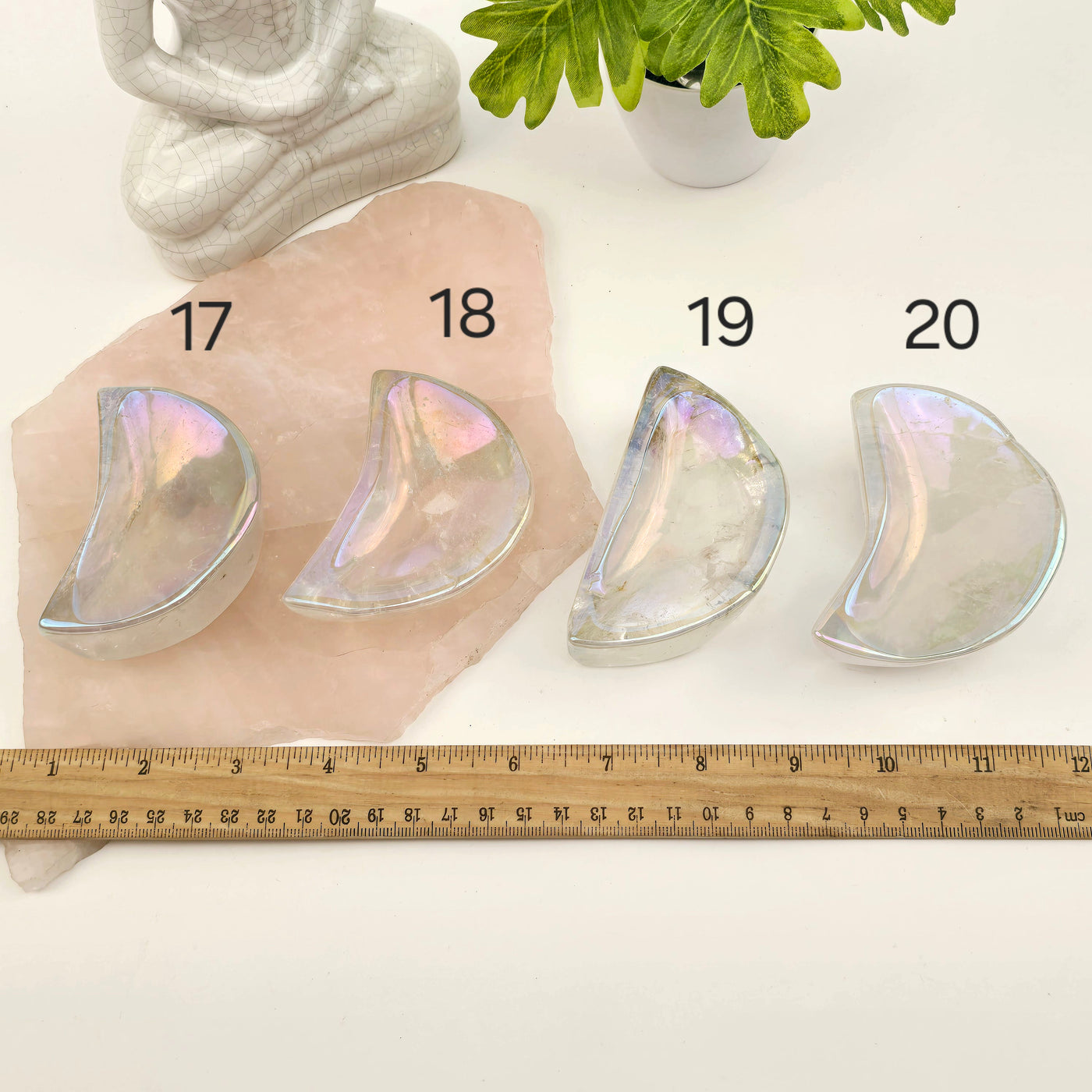 Angel Aura Crystal Quartz Moon Bowls - You Choose #1 variants 17, 18, 19, and 20 labeled with ruler for size reference