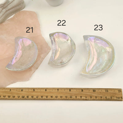 Angel Aura Crystal Quartz Moon Bowls - You Choose #1 variants 21, 22, and 23 labeled with ruler for size reference