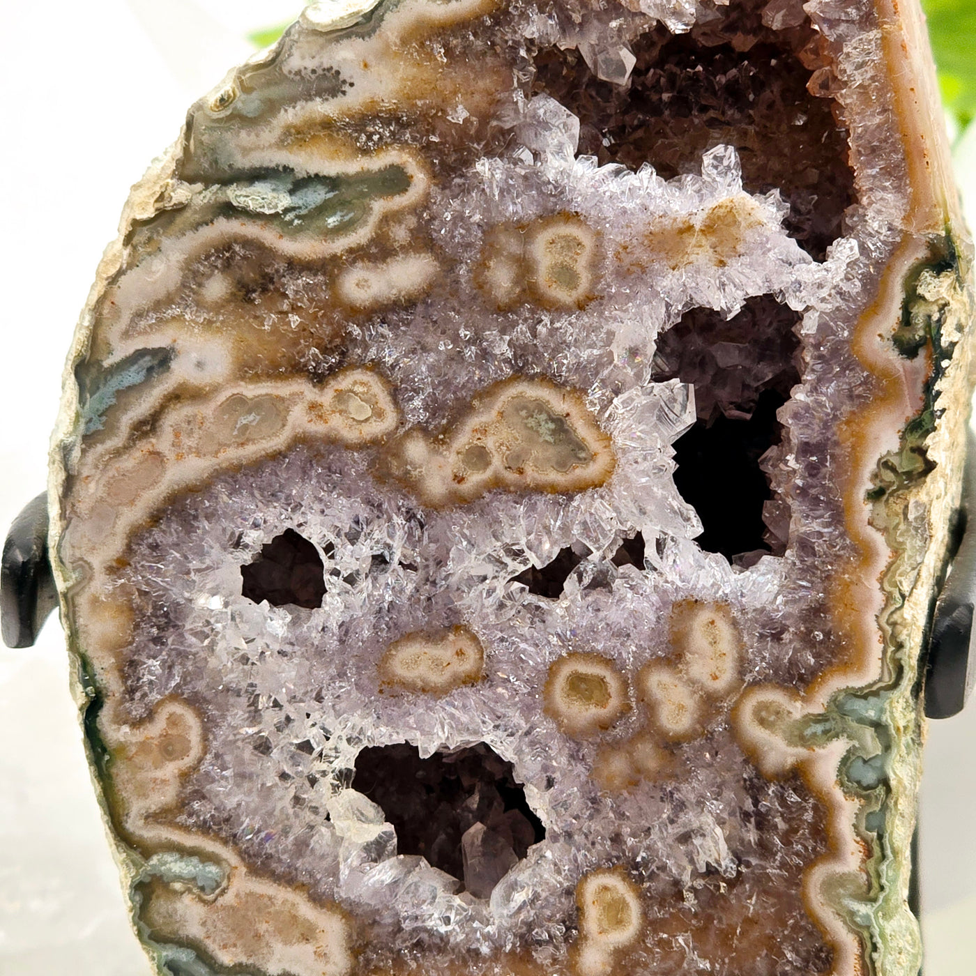 Amethyst Crystal Geode with Stalactites on Metal Stand - One-of-a-Kind closeup for detail