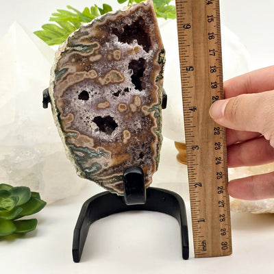 Amethyst Crystal Geode with Stalactites on Metal Stand - One-of-a-Kind front view with ruler and hand for size reference