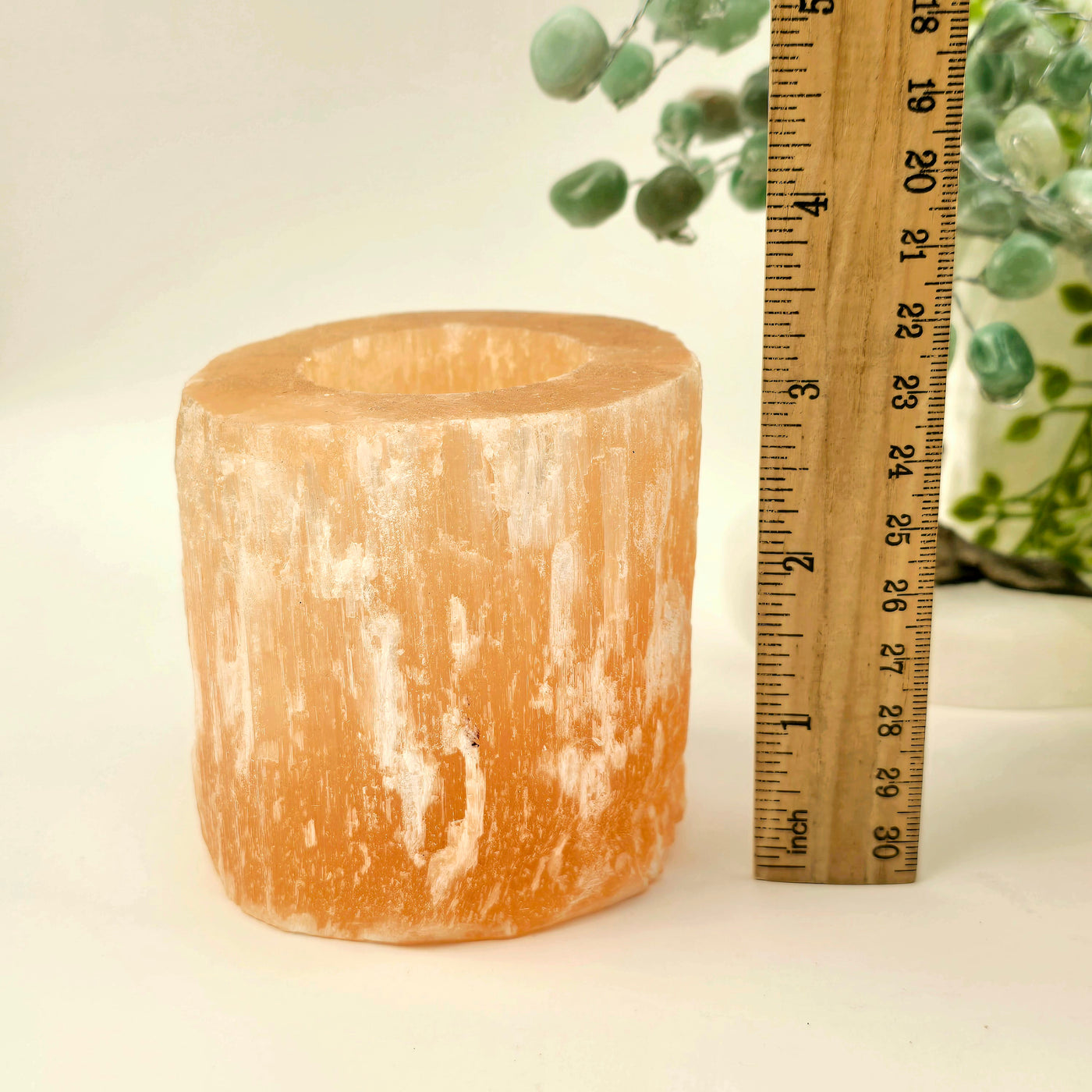 Orange Selenite Crystal Candle Holder one with ruler for size reference