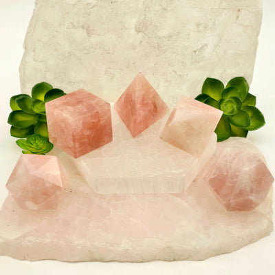 Rose Quartz Crystal Set of 5 Platonic Solids - Sacred Geometry all on stone platters with props and plants in the background