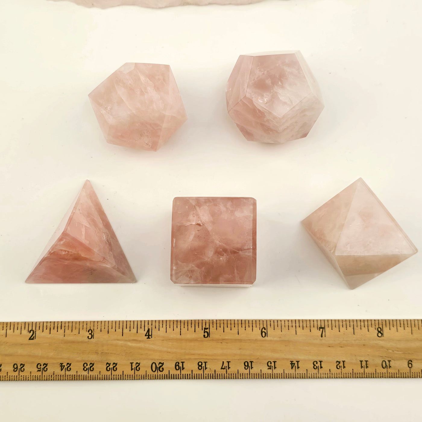 Rose Quartz Crystal Set of 5 Platonic Solids - Sacred Geometry all with ruler for size reference