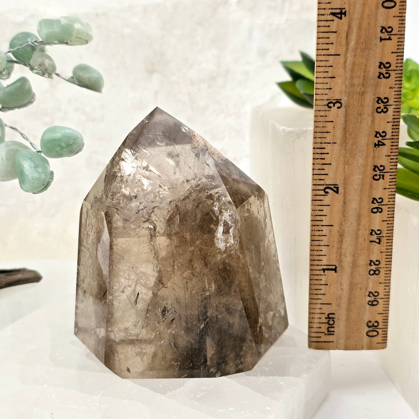 Rutilated Quartz Crystal Point with Phantoms - One-of-a-Kind #2 front view with ruler for size reference