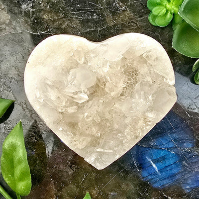 Crystal Quartz Cluster Heart - One-of-a-Kind on dark stone platter with plants