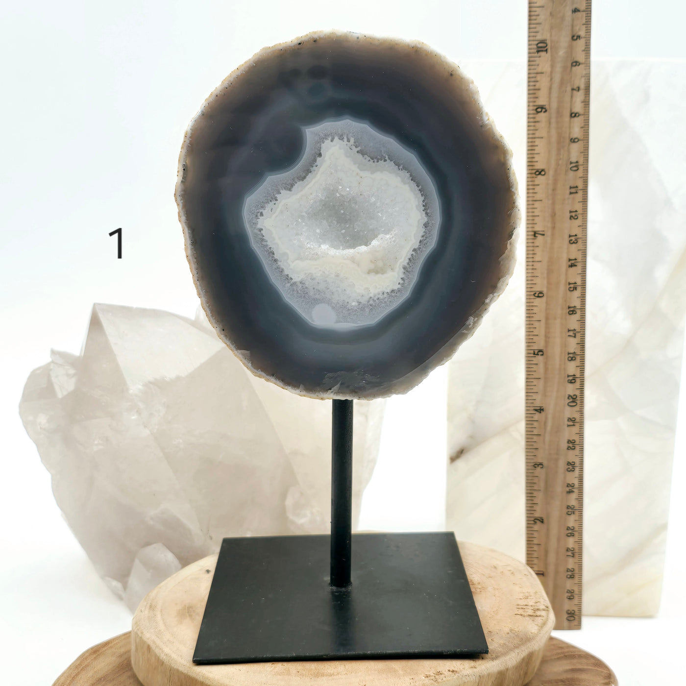 Agate Natural Crystal Geode Half on Stand - You Choose #1 variant 1 labeled with ruler for size reference