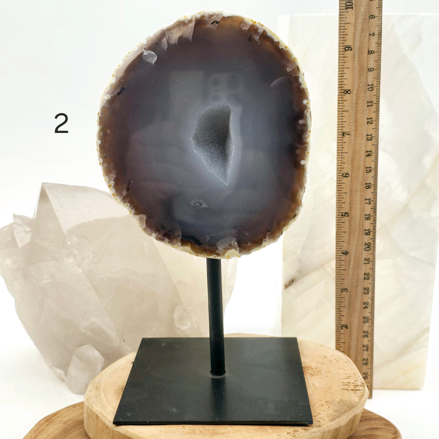 Agate Natural Crystal Geode Half on Stand - You Choose #1 variant 2 labeled with ruler for size reference