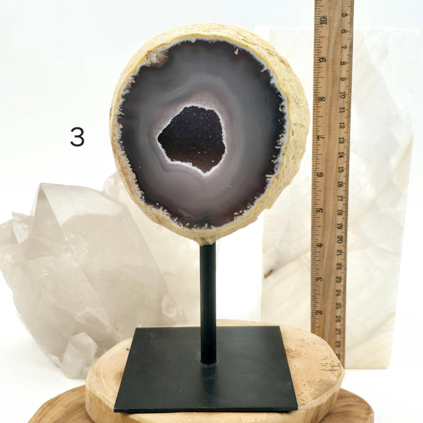 Agate Natural Crystal Geode Half on Stand - You Choose #1 variant 3 labeled with ruler for size reference